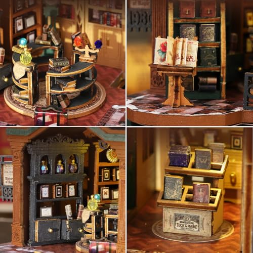 Plustopoy DIY Miniature House Kit for Adults Mini Wooden Dollhouse Kit Book Shop Tiny House Diorama Building Kits with Light 3D Wooden Puzzles Bookend Shelf Insert Decor Creative Craft - Image 5
