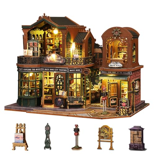 Plustopoy DIY Miniature House Kit for Adults Mini Wooden Dollhouse Kit Book Shop Tiny House Diorama Building Kits with Light 3D Wooden Puzzles Bookend Shelf Insert Decor Creative Craft - Image 1