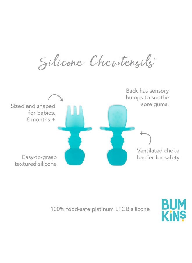 BUMKiNs Bumkins Baby Utensils Set, Chewtensils Silicone Spoons for Dipping, Self-Feeding, Baby Led Weaning, Trainer Learning, First Stage Eating, Soft Practice Fork and Spoon, Babies 6 Months, Blue Jelly  - Image 5