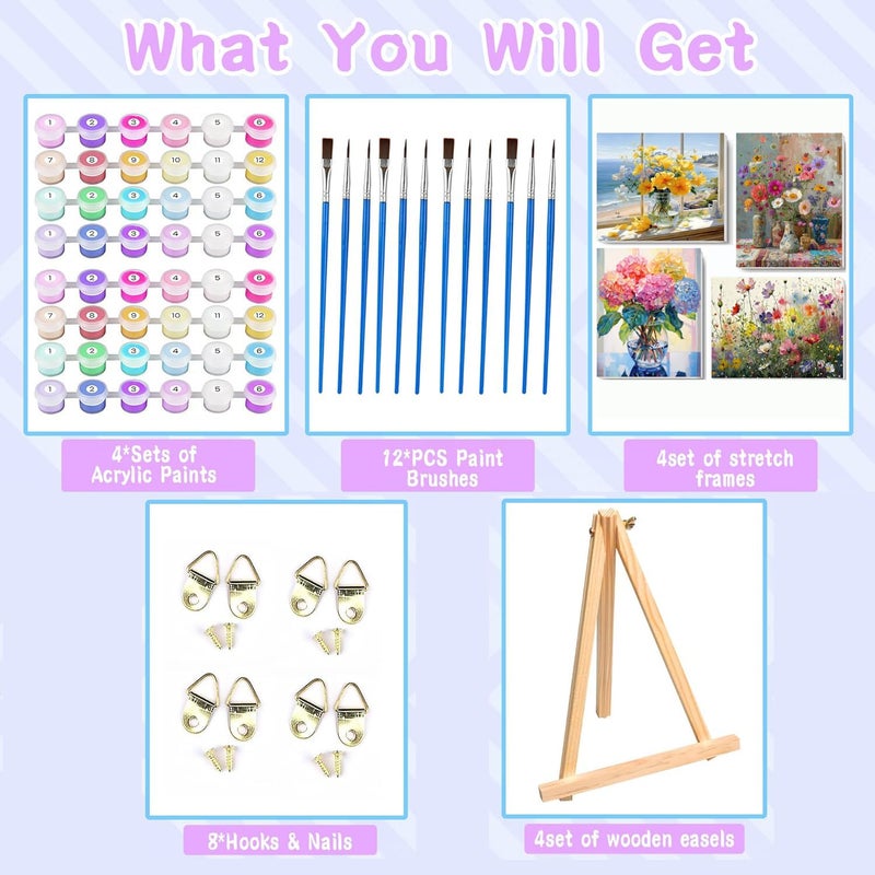 VIGEGU 4 Pack Paint by Numbers Kit for Adults with Frame,Paint by Number with Wooden Easel DIY Flower Adult Paint by Number Kits for Home Decor12x16-13.8x13.8 inch - Image 5