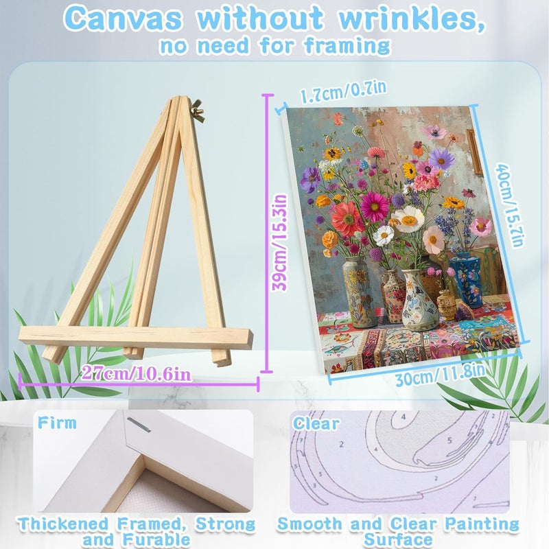 VIGEGU 4 Pack Paint by Numbers Kit for Adults with Frame,Paint by Number with Wooden Easel DIY Flower Adult Paint by Number Kits for Home Decor12x16-13.8x13.8 inch - Image 3