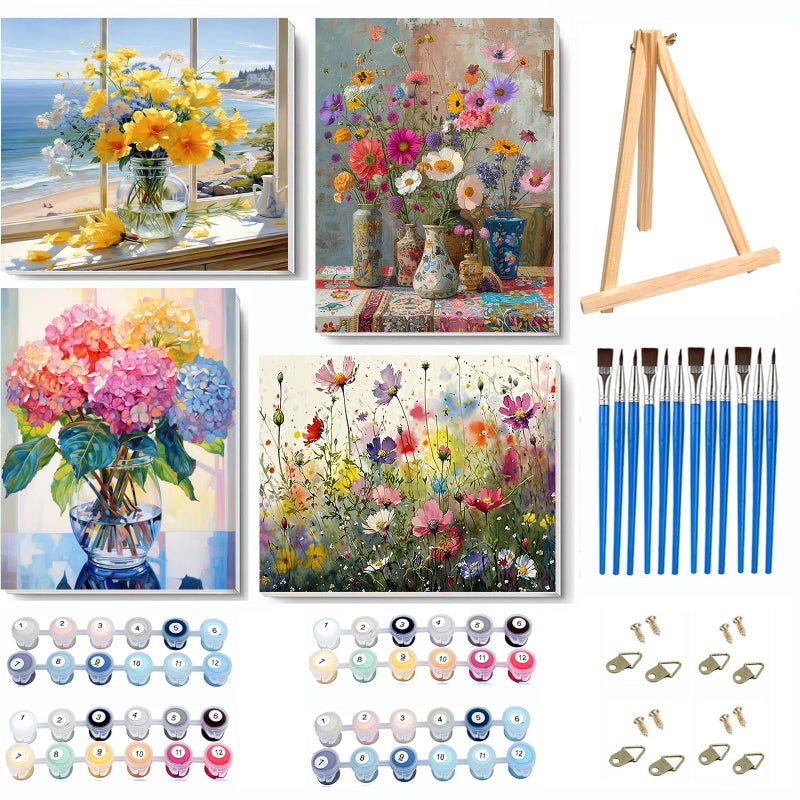VIGEGU 4 Pack Paint by Numbers Kit for Adults with Frame,Paint by Number with Wooden Easel DIY Flower Adult Paint by Number Kits for Home Decor12x16-13.8x13.8 inch - Image 1