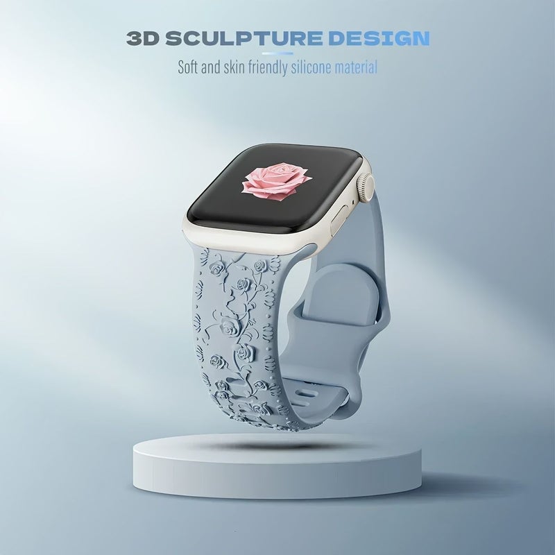 Elegant Silhouette Flower Engraved Silicone Strap for Apple Watch 38mm 40mm 41mm 42mm Blue Compatible with iWatch Series 10 9 8 7 6 5 4 3 SE 2nd Gen Ultra Stainless Steel Tang Buckle Wristband - Image 5