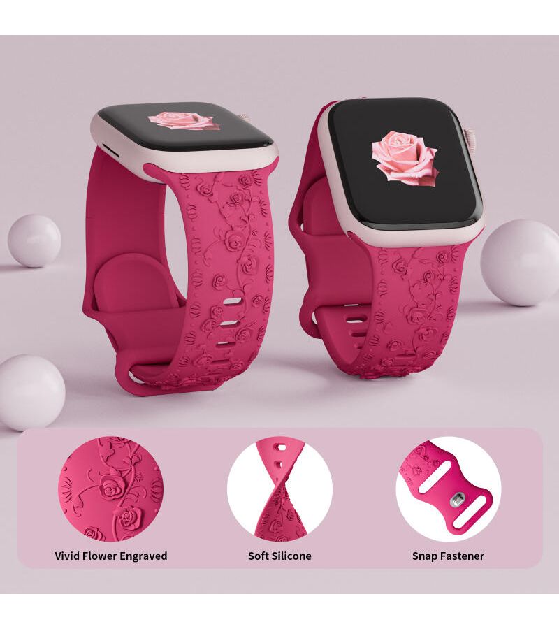 Elegant Silhouette Flower Engraved Silicone Strap for Apple Watch 38mm 40mm 41mm 42mm Blue Compatible with iWatch Series 10 9 8 7 6 5 4 3 SE 2nd Gen Ultra Stainless Steel Tang Buckle Wristband - Image 4