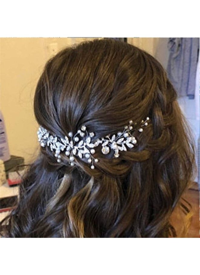Unsutuo - Crystal Bridal Headband Silver Rhinestone Leaves Wedding Hair Vine Pearls Bride Hair Pieces for Women and Girls(Silver) - Image 1