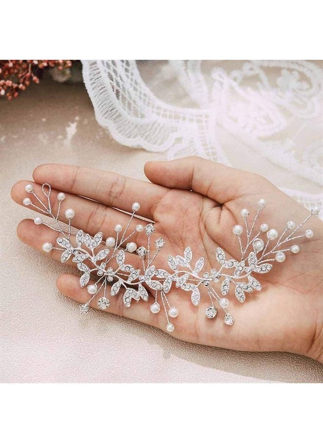 Unsutuo - Crystal Bridal Headband Silver Rhinestone Leaves Wedding Hair Vine Pearls Bride Hair Pieces for Women and Girls(Silver) - Image 1