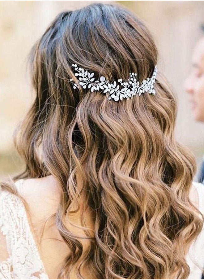 Unsutuo - Crystal Bridal Headband Silver Rhinestone Leaves Wedding Hair Vine Pearls Bride Hair Pieces for Women and Girls(Silver) - Image 1