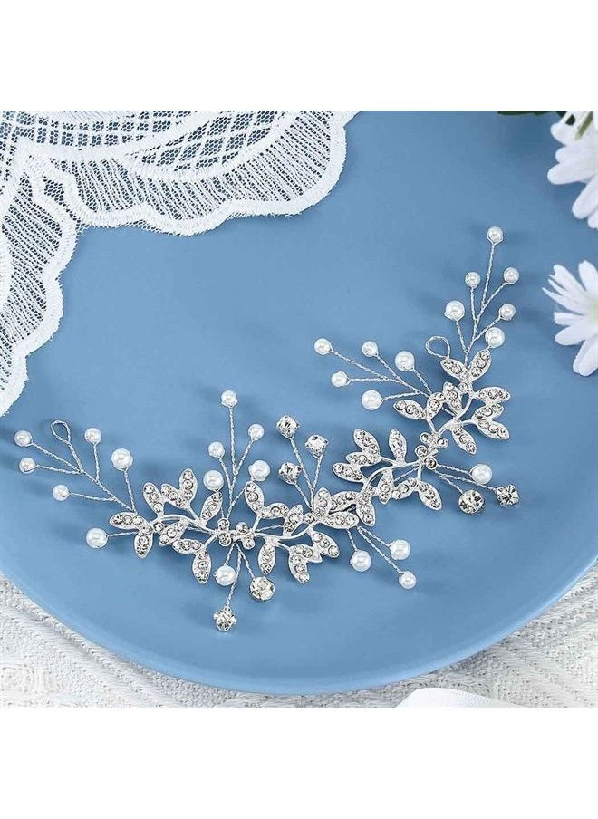 Unsutuo - Crystal Bridal Headband Silver Rhinestone Leaves Wedding Hair Vine Pearls Bride Hair Pieces for Women and Girls(Silver) - Image 1