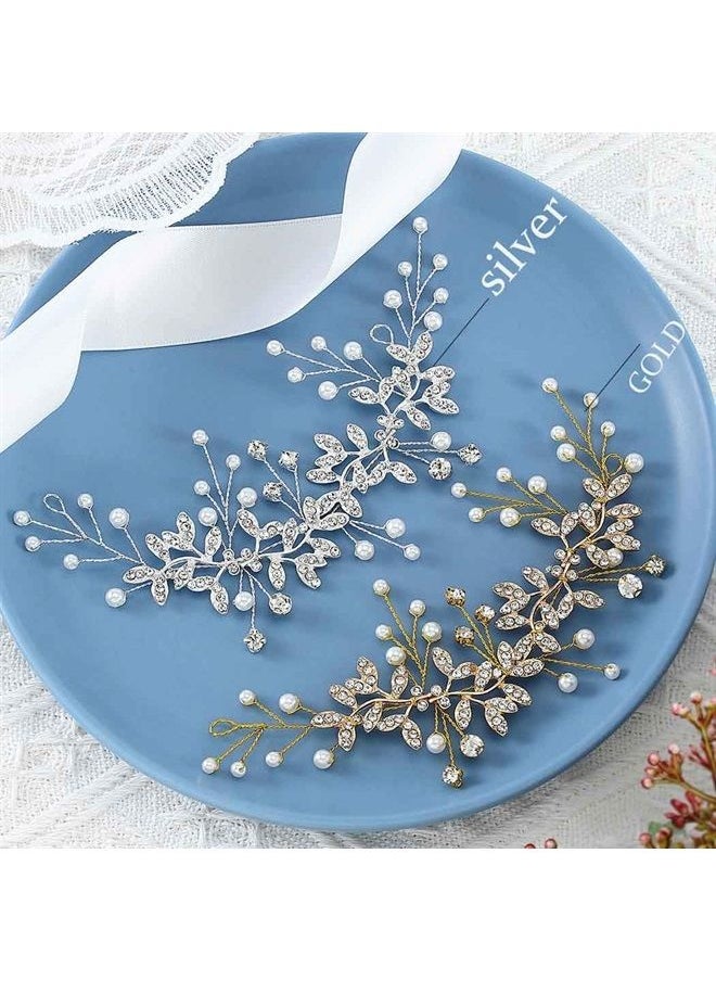 Unsutuo - Crystal Bridal Headband Silver Rhinestone Leaves Wedding Hair Vine Pearls Bride Hair Pieces for Women and Girls(Silver) - Image 1