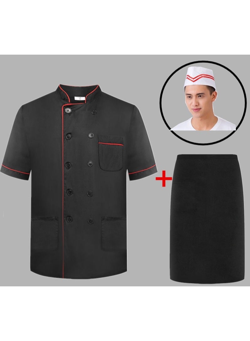 NIBEMINENT Unisex Stand Collar Short Sleeve Chef Uniform Line Decor Double Breasted Pocket Restaurant Bakery Waiter Uniform Cooking Tops  - Image 1
