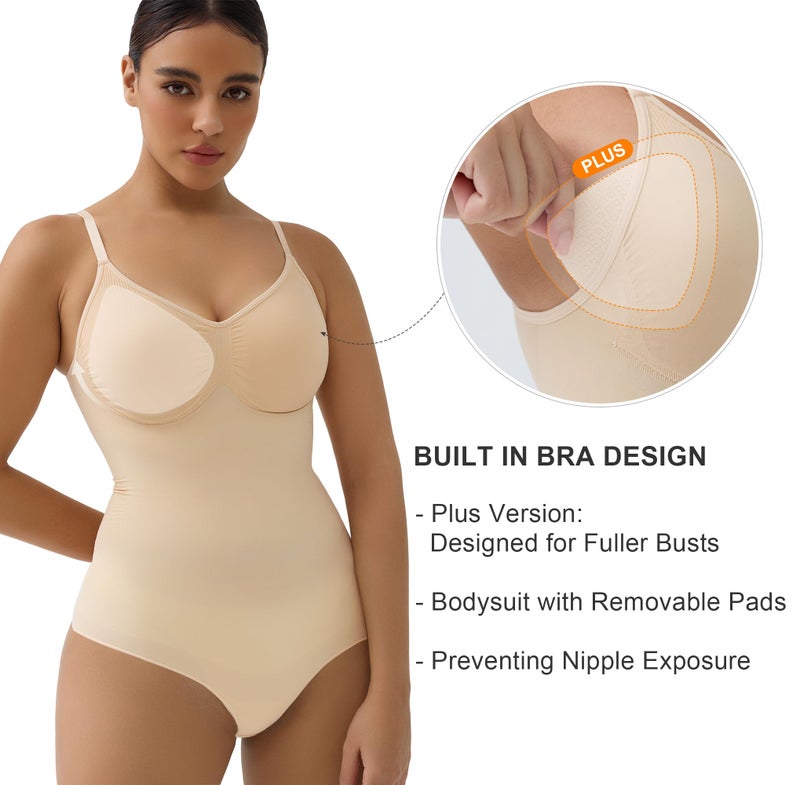 SHAPERX Women's Bodysuits Tummy Control Shapewear Seamless Sculpting Briefs Body Shaper with Removable Pads,SZ5433-Beige-S/M - Image 2