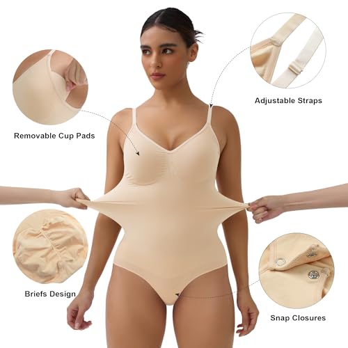 SHAPERX Women's Bodysuits Tummy Control Shapewear Seamless Sculpting Briefs Body Shaper with Removable Pads,SZ5433-Beige-S/M - Image 4