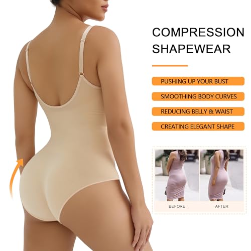 SHAPERX Women's Bodysuits Tummy Control Shapewear Seamless Sculpting Briefs Body Shaper with Removable Pads,SZ5433-Beige-S/M - Image 3