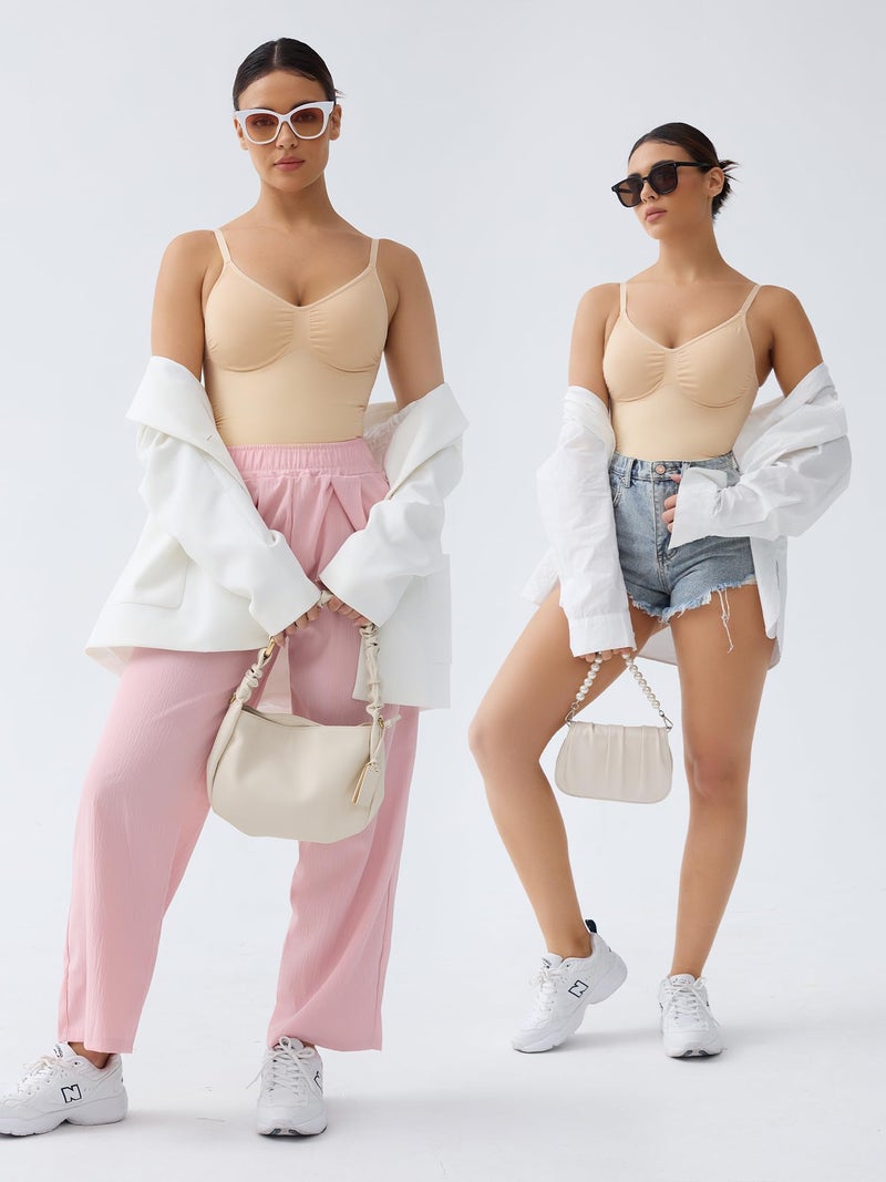 SHAPERX Women's Bodysuits Tummy Control Shapewear Seamless Sculpting Briefs Body Shaper with Removable Pads,SZ5433-Beige-S/M - Image 5