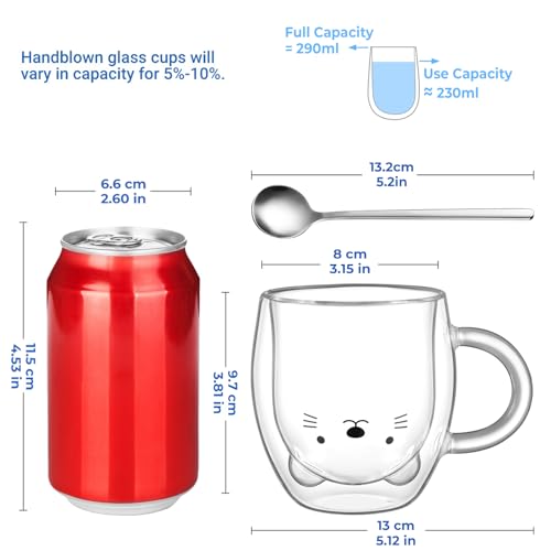 ecooe Cute Bear Mug Glass Coffee Cup 9.8oz Double Walled Glass Mug Cappuccino Latte Glass Cup with Handle Spoon, Milk Tea Bear Cup Birthday Christmas Valentine's Day Gifts for Women Kids Girls Friends - Image 2