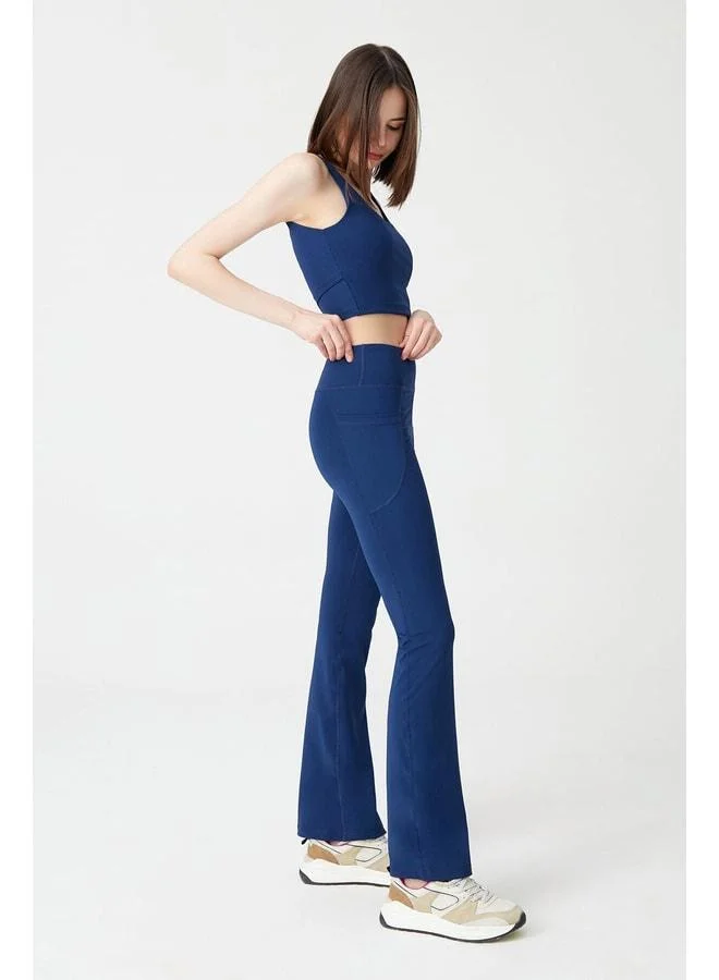 Los Ojos Women's Navy High-Waist Shaping Double Pocket Spanish-leg Bootcut Leggings.
