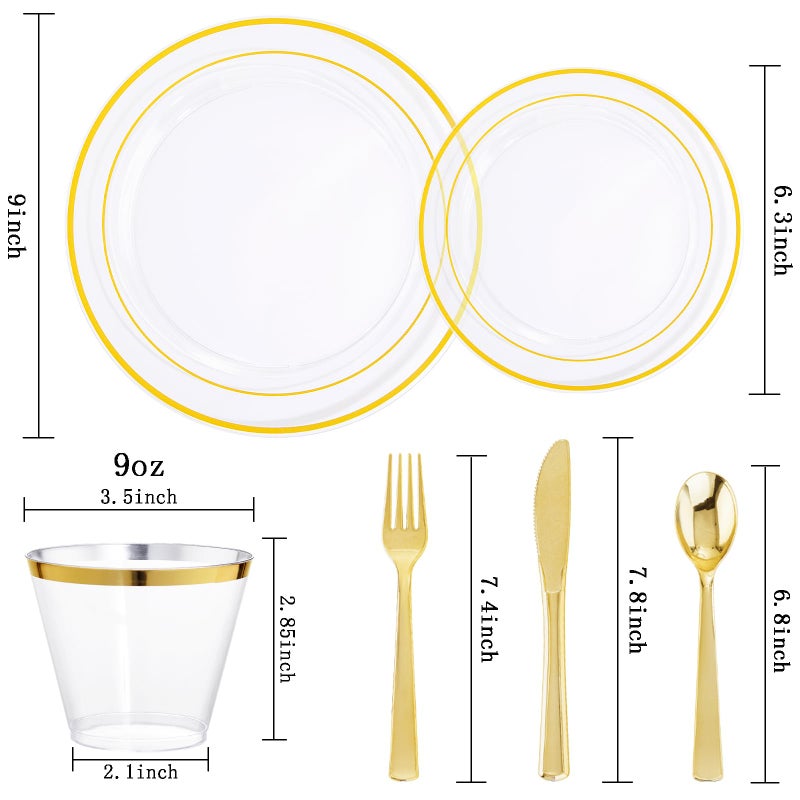 WELLIFE 300Pcs Clear Gold Dinnerware  Clear and Gold Plates Heavy Duty  Including 50 Dinner and 50 Dessert Plates  50 Cups  50 Silverware - Image 1