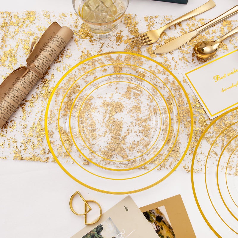 WELLIFE 300Pcs Clear Gold Dinnerware  Clear and Gold Plates Heavy Duty  Including 50 Dinner and 50 Dessert Plates  50 Cups  50 Silverware - Image 4