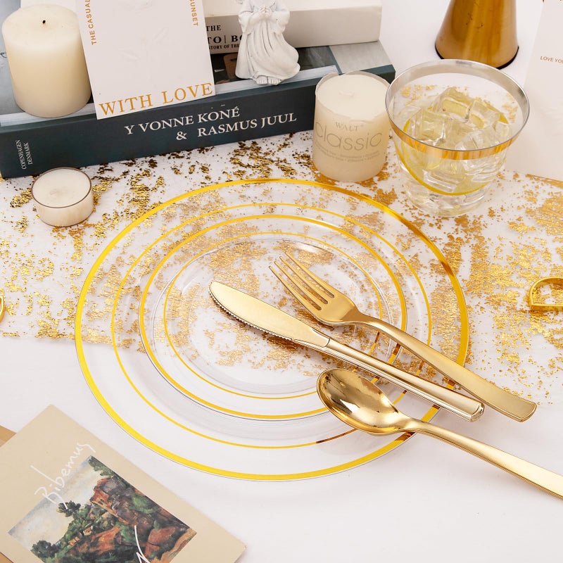WELLIFE 300Pcs Clear Gold Dinnerware  Clear and Gold Plates Heavy Duty  Including 50 Dinner and 50 Dessert Plates  50 Cups  50 Silverware - Image 3