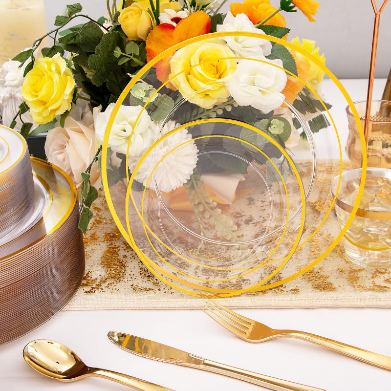 WELLIFE 300Pcs Clear Gold Dinnerware  Clear and Gold Plates Heavy Duty  Including 50 Dinner and 50 Dessert Plates  50 Cups  50 Silverware - Image 2