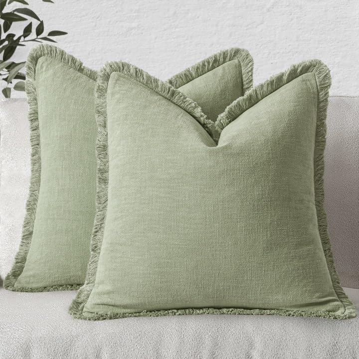 MIULEE Decorative Throw Pillow Covers Neutral Linen Fringe Throw Pillows Set of 2 Sage Green Boho Farmhouse Cushion Covers with Tassels for Couch Sofa Bed Living Room Spring Home Decor 20x20 Inch - Image 1