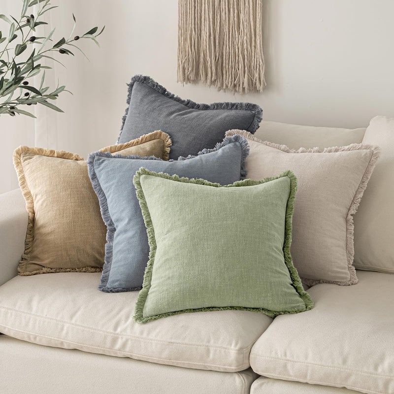 MIULEE Decorative Throw Pillow Covers Neutral Linen Fringe Throw Pillows Set of 2 Sage Green Boho Farmhouse Cushion Covers with Tassels for Couch Sofa Bed Living Room Spring Home Decor 20x20 Inch - Image 5