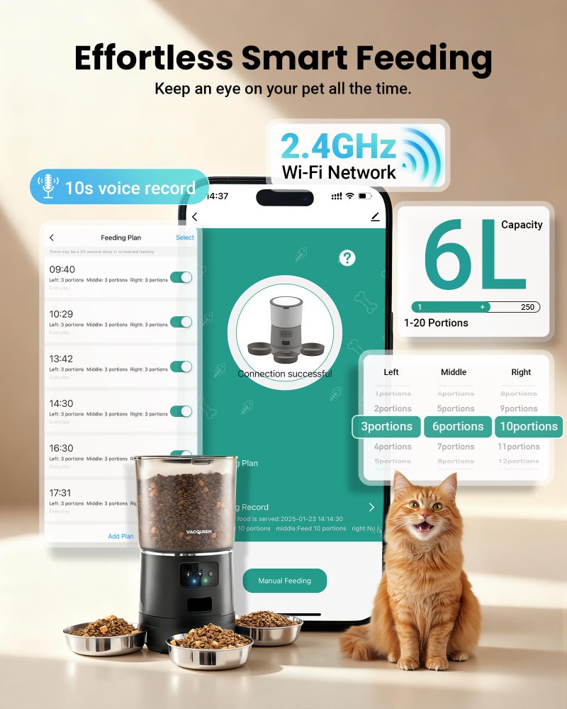 Vacqueen Automatic Cat Feeder for 3 Cats, 6L/25 Cup Cat Food Dispenser with Strong Anti-Jam System, Dual-Effect Desiccant, Smart WiFi App Control Pet Feeder, Automatic Dog Feeder, Gifts for Christmas - Image 5