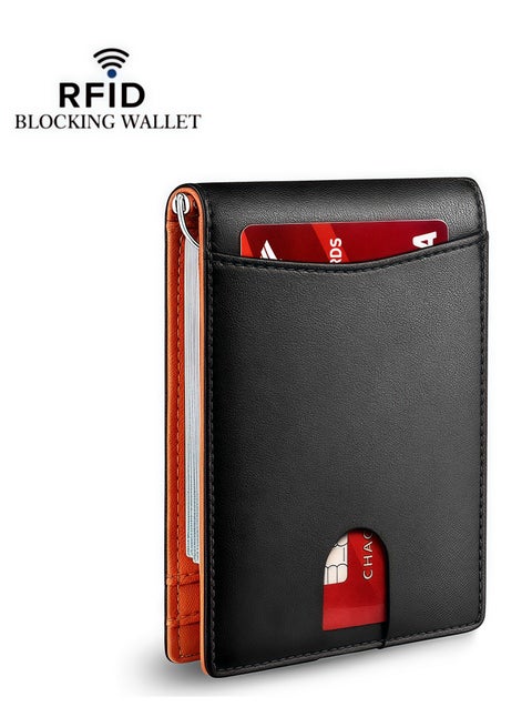 Men's Wallets - RFID Blocking Short Wallet - Plain Wallet Flat Black Genuine Leather Scratch Resistant Wallet Secure Wallet