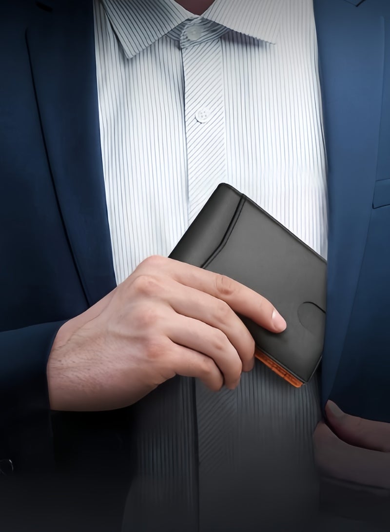 Men's Wallets - RFID Blocking Short Wallet - Plain Wallet Flat Black Genuine Leather Scratch Resistant Wallet Secure Wallet