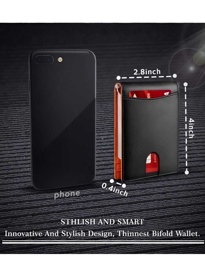 Men's Wallets - RFID Blocking Short Wallet - Plain Wallet Flat Black Genuine Leather Scratch Resistant Wallet Secure Wallet