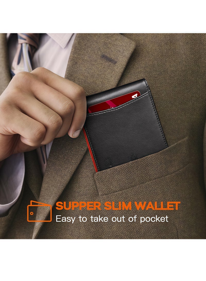 Men's Wallets - RFID Blocking Short Wallet - Plain Wallet Flat Black Genuine Leather Scratch Resistant Wallet Secure Wallet