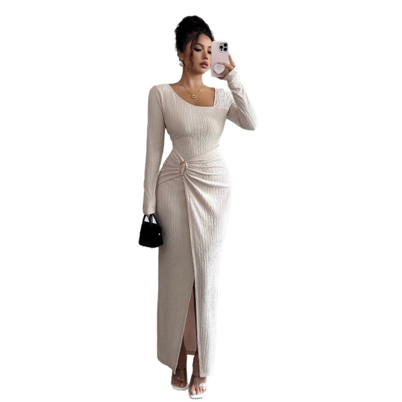 Women's Long Knit Dress with Asymmetric Neckline, Solid Color, 2025 Fall/Winter - Image 5
