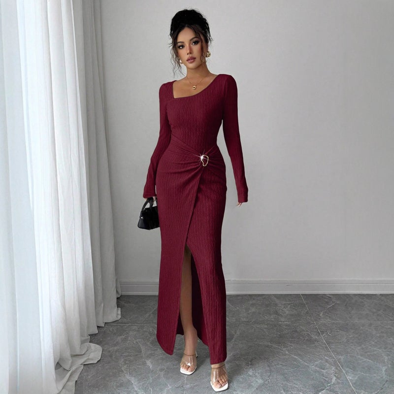 Women's Long Knit Dress with Asymmetric Neckline, Solid Color, 2025 Fall/Winter - Image 1