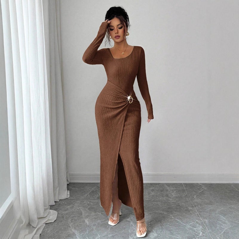 Women's Long Knit Dress with Asymmetric Neckline, Solid Color, 2025 Fall/Winter - Image 4