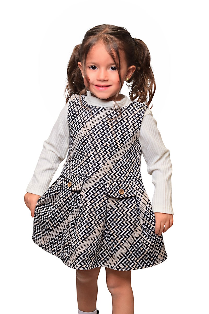 بونچو فستان بلا أكمام للبنات مصنوع من مزيج القطن والليكرا بملمس جاكارد. - Image 1