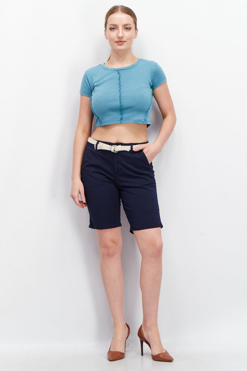 ESPRIT Women Solid Belted Shorts, Navy - Image 4