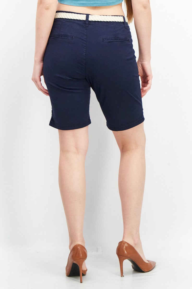 ESPRIT Women Solid Belted Shorts, Navy - Image 3