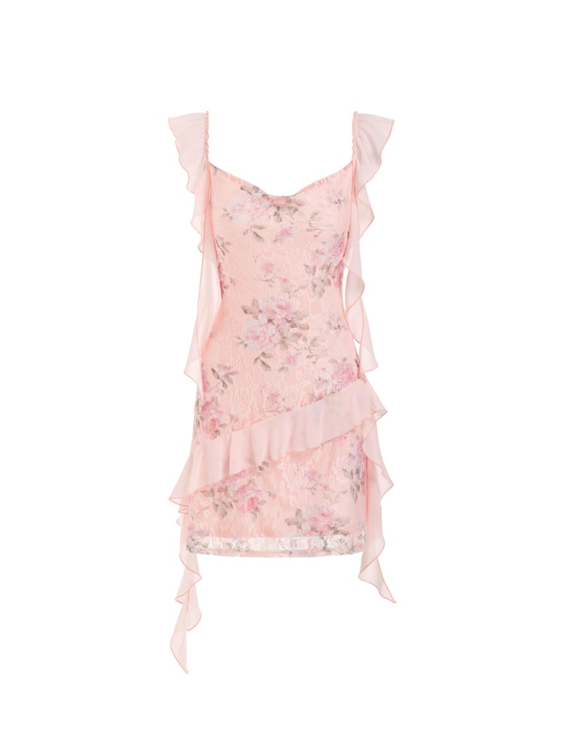 CIDER Women's Floral Mini Dress Ruffle Cowl Neck Cute Summer Dresses Wedding Guest Dress Trendy Date Vacation Outfits: Pink, S - Image 1