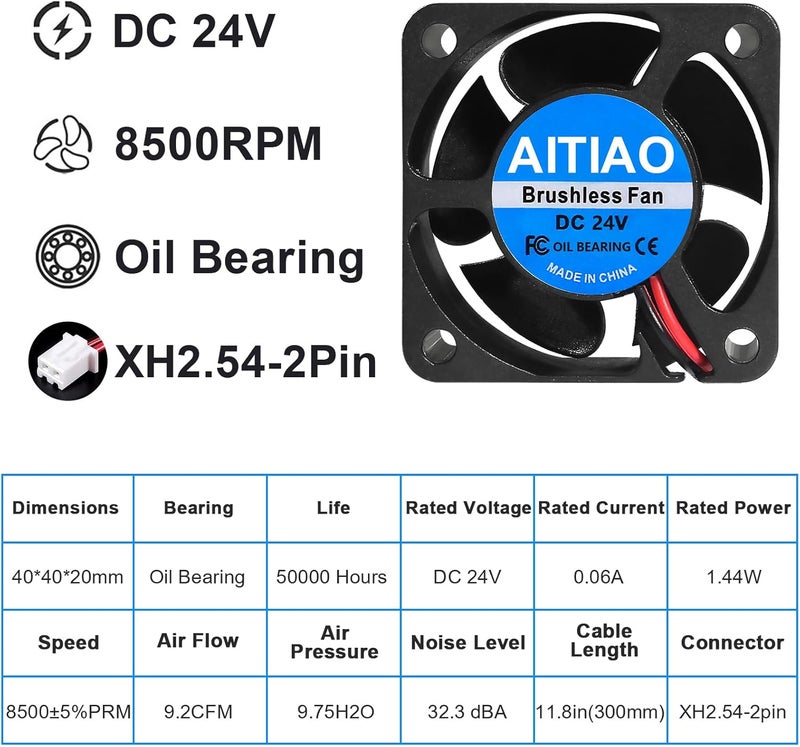 AITIAO 4Pcs 40mm Brushless Cooling Fan DC 24V 3D Printer Micro 24 Volt Quiet Fans 4020 Oil Bearing Fan Brushless Cooling Fan 40mmx20mm 2PIN - Image 2