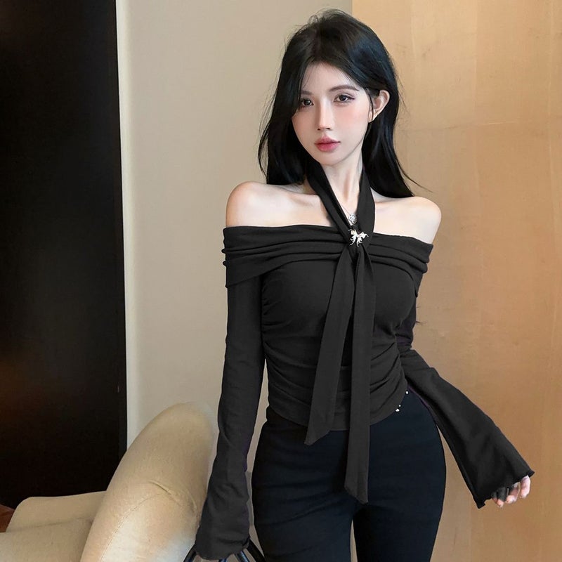 Off-Shoulder Hanging Neck Strap Butterfly Micro Horn Long Sleeve Top Chic Various Wearing Shirt - Image 1