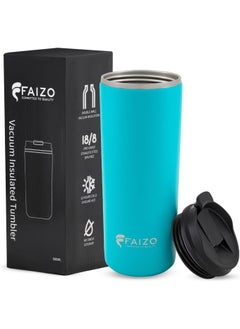 FAIZO Coffee Mug Tumbler 500ml  With Lid-Stainless Steel Insulated Double Wall Vacuum Thermal Coffee Cup-Hot and Cold Beverages-Powder Coated-Travel Mug-Simple Modern Tumbler-Ideal Gifts (Turquoise/Blue)  - Image 1