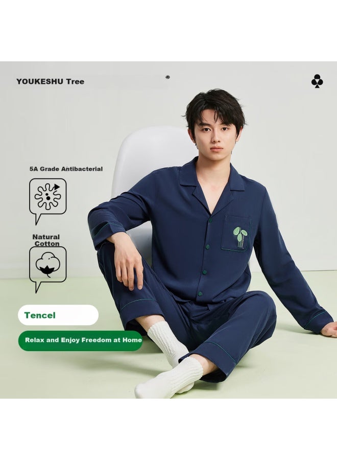 Youkeshu Men's Spring Pajamas Lycra Silk Lightweight Comfortable Antibacterial Cardigan Style Home Wear Men's Set 25th Anniversary New - Image 2