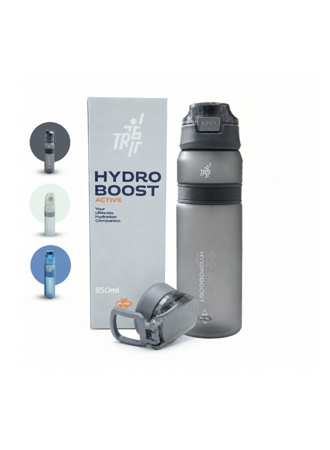 TR6 زجاجة TR6 Hydra Boost Active Frosted Bottle خالية من مادة BPA Tritan رياضية مع غطاء آمن قابل للطي ومضاد للتسرب ومتين وأنيق ومثالي للصالة الرياضية والسفر والاستخدام اليومي سعة 850 مل (أسود) - Image 1
