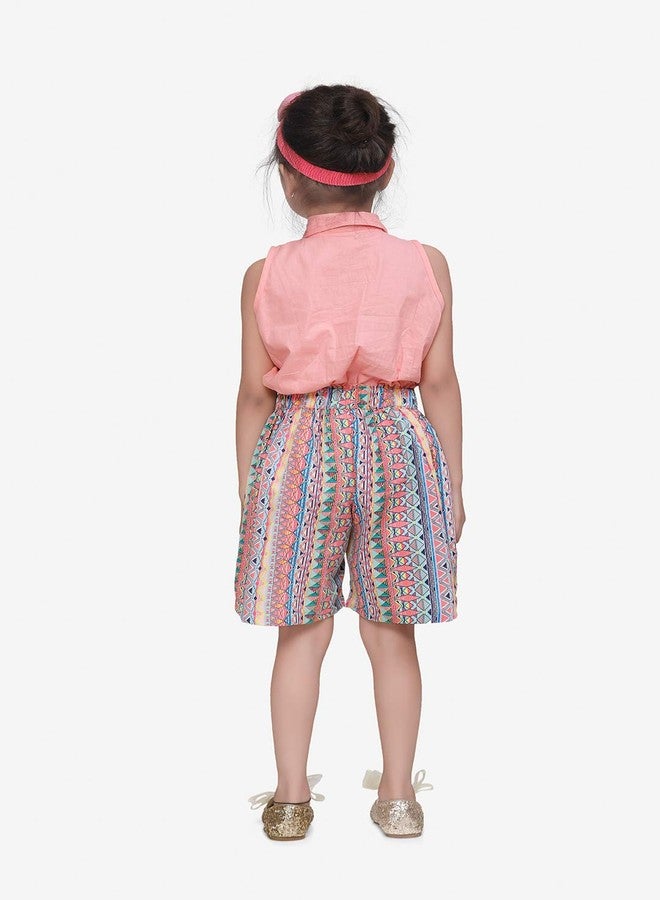 LILPICKS Girls' Cotton Boho Print Knot Style Flared Short Jumpsuit (Pink, 5-6Y) - Image 4