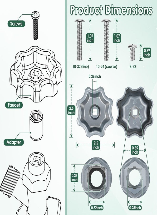 Dreyoo 2 Pack Outdoor Faucet Handle, Water Spigot Handle Compatible with Danco 10006 Hose Bib, with Adapter and Screws for 8 &12 Point Round Broach, 0.26", 0.28", 0.31"&0.38" Square Broach, Silver - Image 2