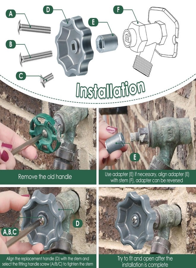 Dreyoo 2 Pack Outdoor Faucet Handle, Water Spigot Handle Compatible with Danco 10006 Hose Bib, with Adapter and Screws for 8 &12 Point Round Broach, 0.26", 0.28", 0.31"&0.38" Square Broach, Silver - Image 5