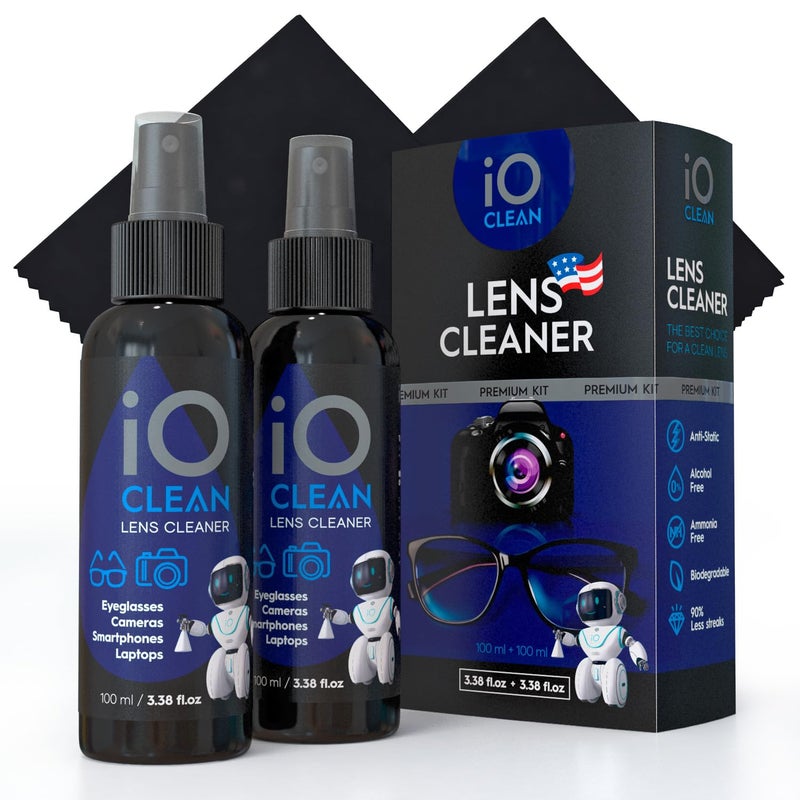 iO CLEAN Eyeglass Lens Cleaner (3.38oz+3.38oz+2cloths) â€“ Kit for Glasses, Screens, Camera, Laptops, Touchscreens, Computer Monitors, Other Electronics â€“ 2 Microfiber Cloths Inluded - Image 1