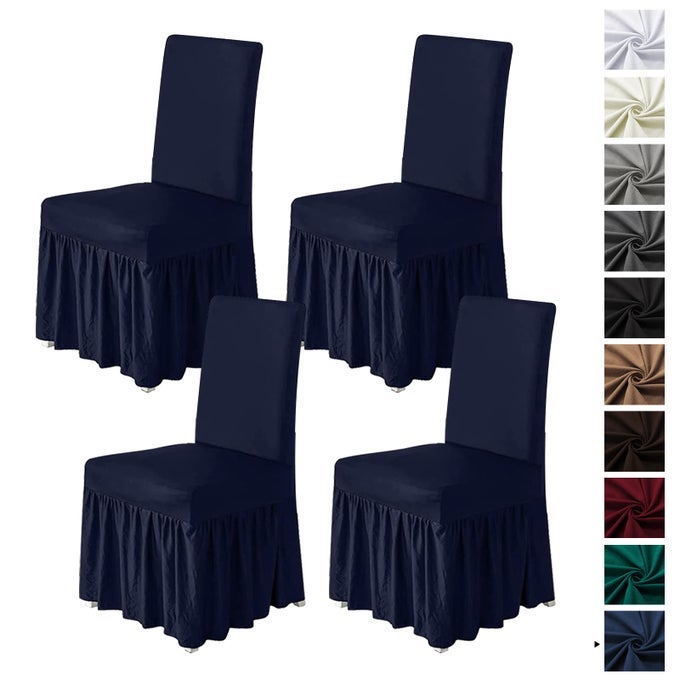 Chair Covers for Dining Room Set of 4 Stretch Chair Slipcovers with Skirt for Kitchen Seat Protectors Wedding Banquet Decor Kids Pets Spandex Fabric Washable 4pcs Navy Blue
