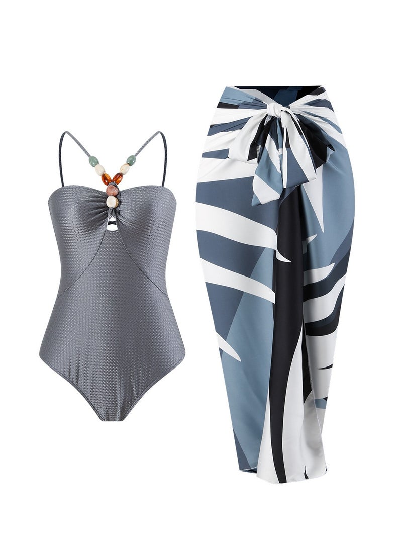 Generic 2Pcs The latest women's one-piece swimsuit hollow gem long dress swimsuit set  - Image 1