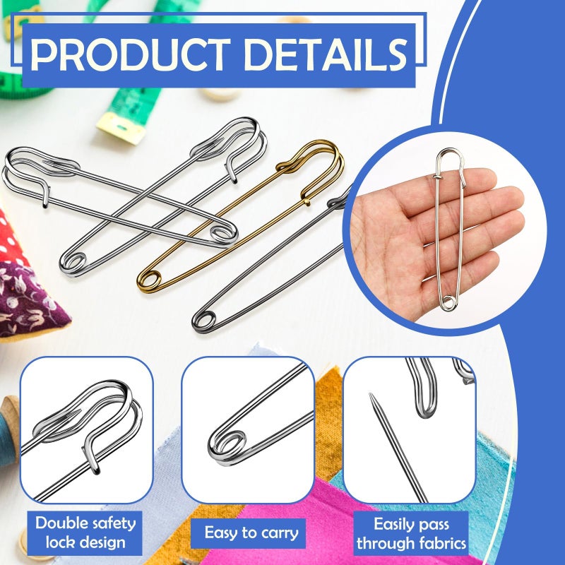 Ftyiwu Large Safety Pins, 30 Pack Heavy Duty Safety Pins 3 Inch, Stainless Steel Safety Pin for Clothes, Blankets, Laundry, Leather Canvas, DIY Crafts (Gun Black, Silver, Bronze) - Image 3